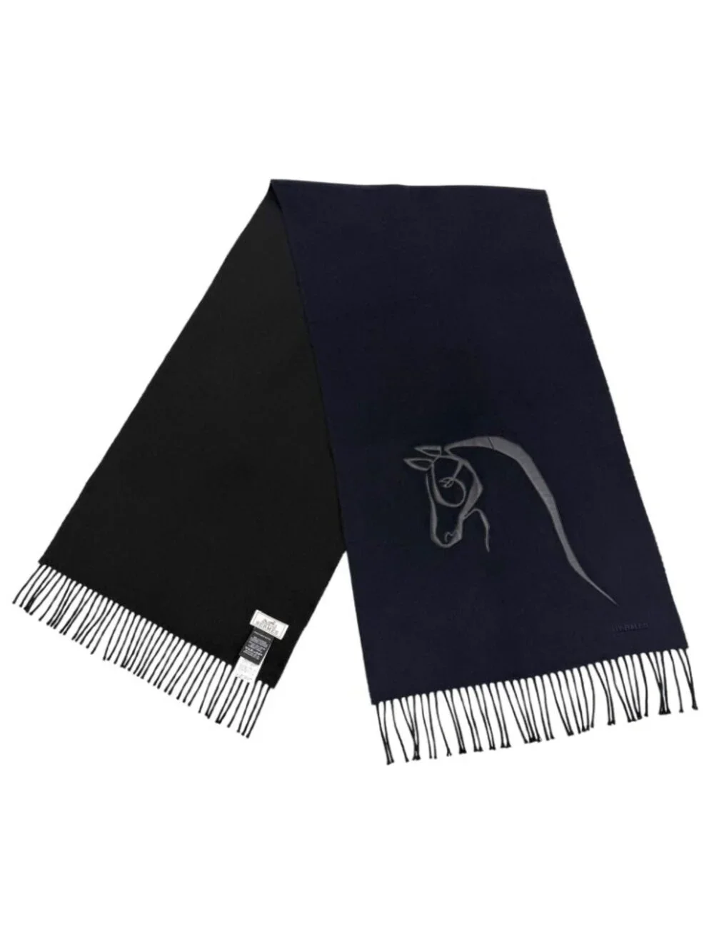 Hermes Cheval Au Tre Cashmere 100% Sheep Leather Logo Embroidery Fringe Scarf